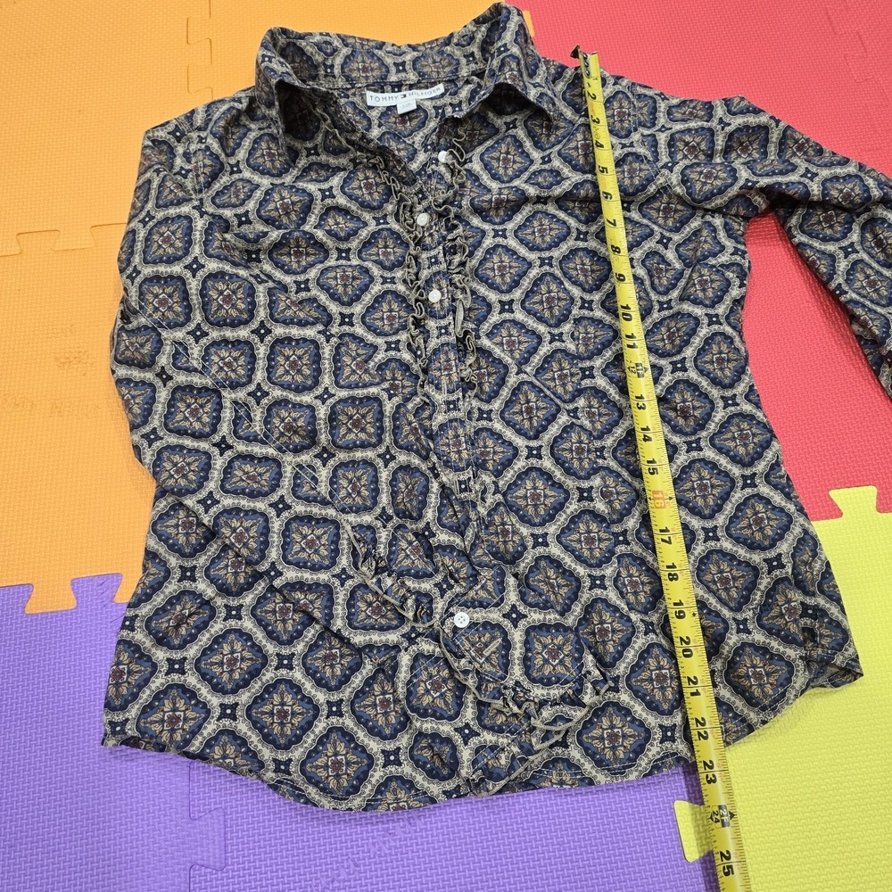 Tommy Hilfiger Women's Blue Medallion Ruffle Front Button Down Shirt - Size L
